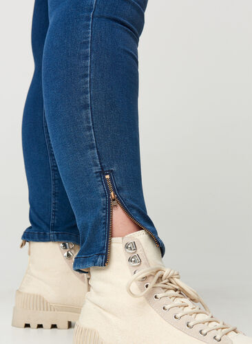 Cropped Amy Jeans med hög midja och dragkedja, Dark blue denim, Model image number 1