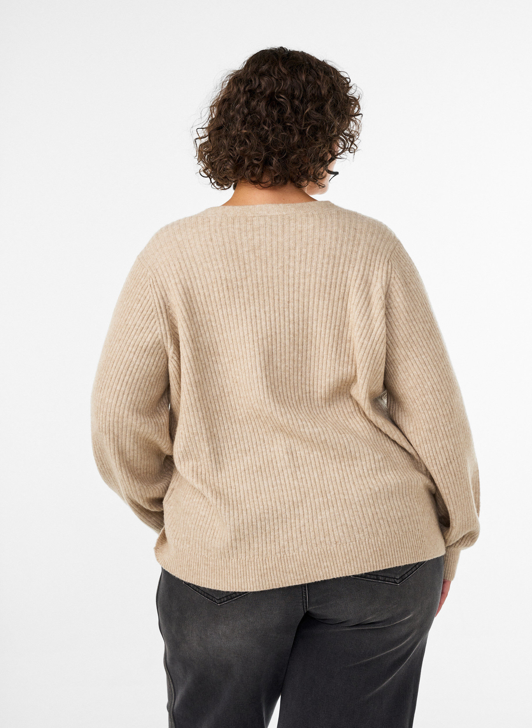 ZizziKofta med V-ringning och ribbad struktur, Beige, Model image number 2