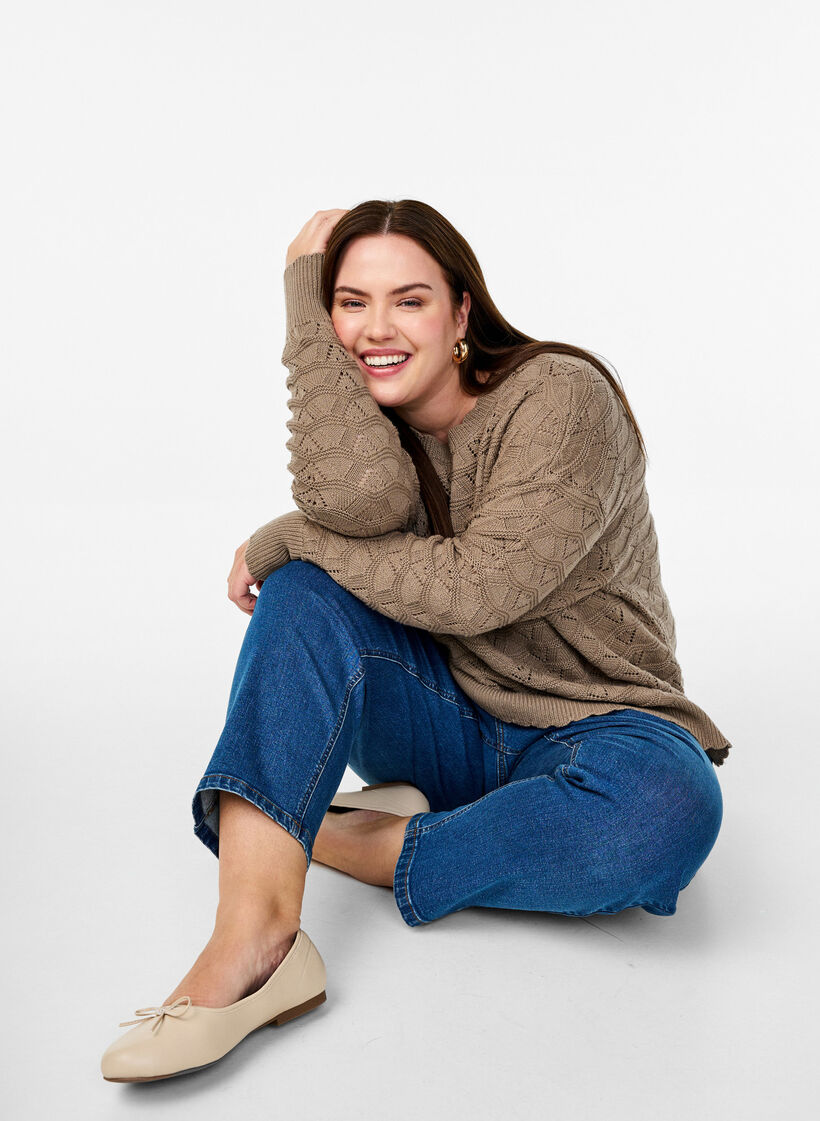 Långärmad stickad blus med hålmönster, Desert Taupe, Image image number 0