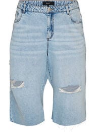 Croppade jeans med en sliten look och r&aring;a kanter, Bl&aring;