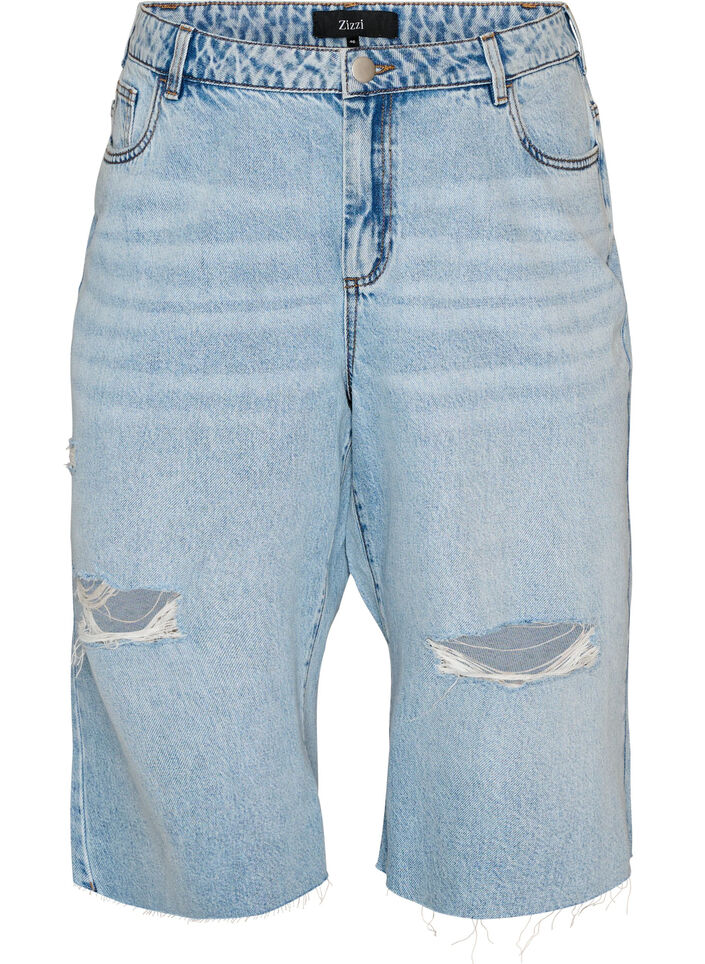 Croppade jeans med en sliten look och r&aring;a kanter, Bl&aring;, Packshot