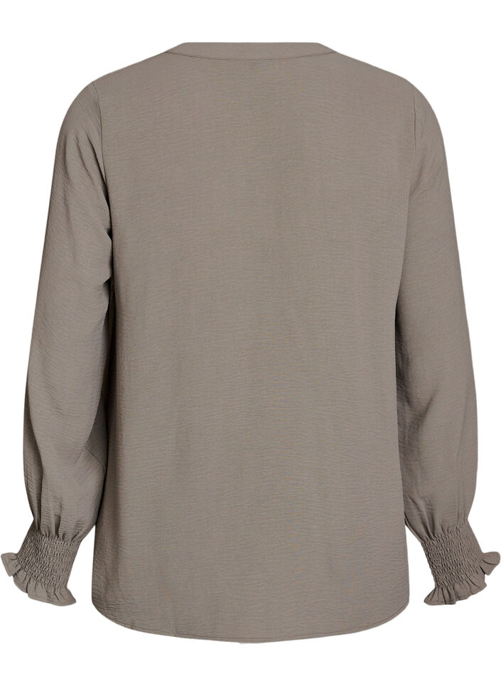 Blus med smockade manschetter och v-ringning, Beige, Packshot image number 1