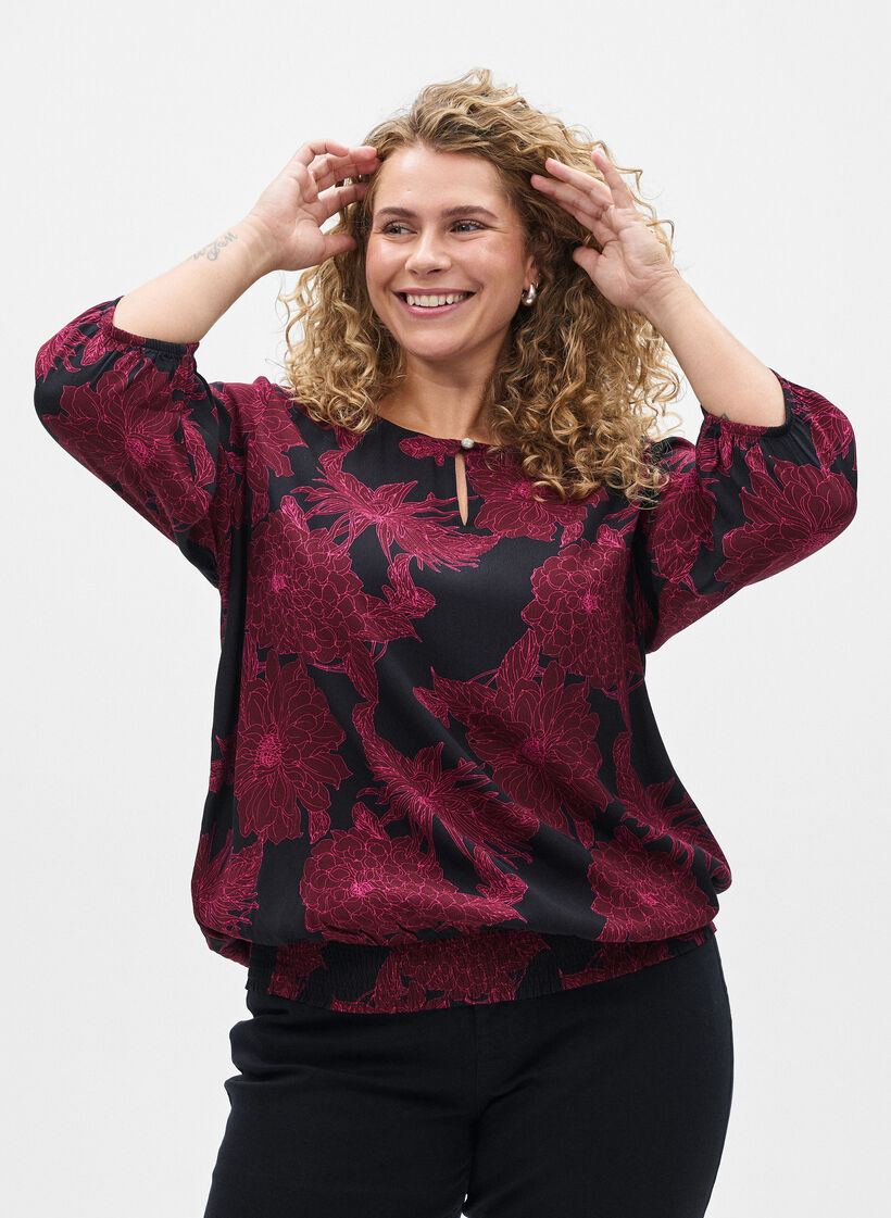 Blus i viskos med blomm&ouml;nster och smock, M&ouml;rk Bordeaux, Model image number 0