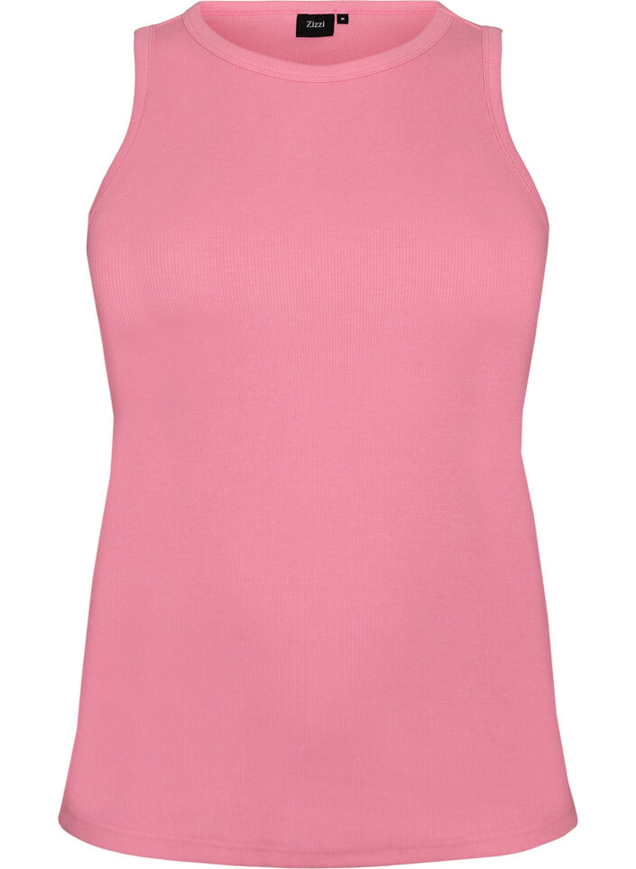 Ribbad topp i bomull med h&ouml;g hals, Rosa, Packshot image number 0