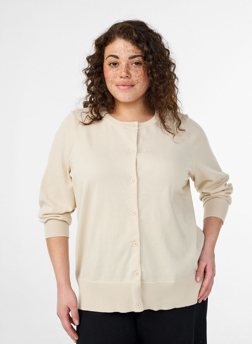 Finstickad kofta med rund halsringning, Beige, Model image number 0