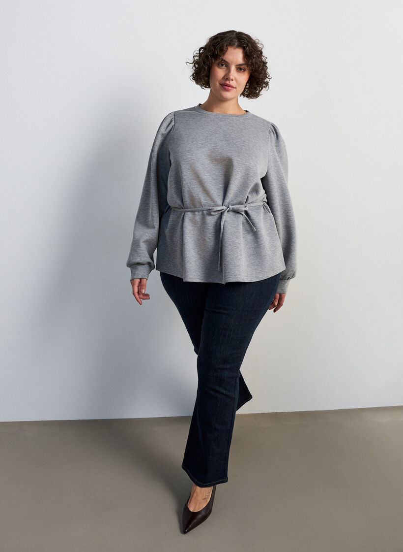 Blus med knytband och puff&auml;rmar, Gr&aring;, Model image number 1