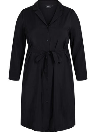 Viskosklänning med knappar och bälte, Black, Packshot image number 0