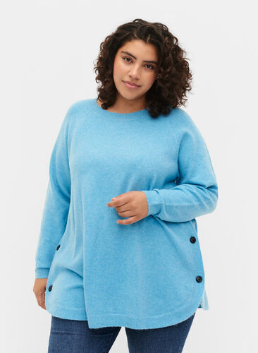 Stickad tröja med knappdetaljer, River Blue WhiteMel., Model image number 0