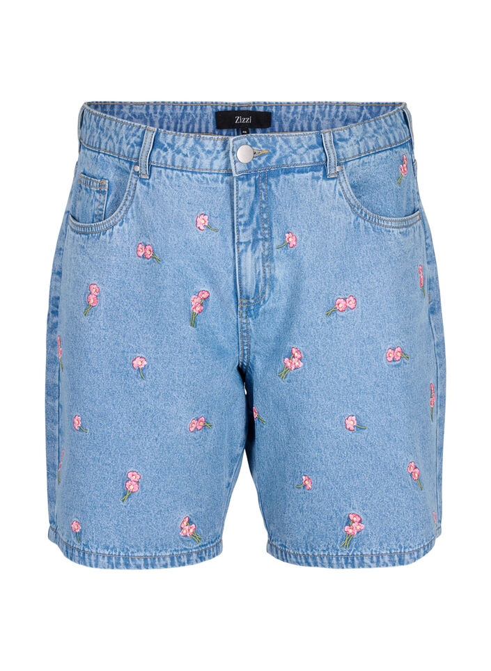 Jeansshorts med broderade blommor, Blå, Packshot image number 0