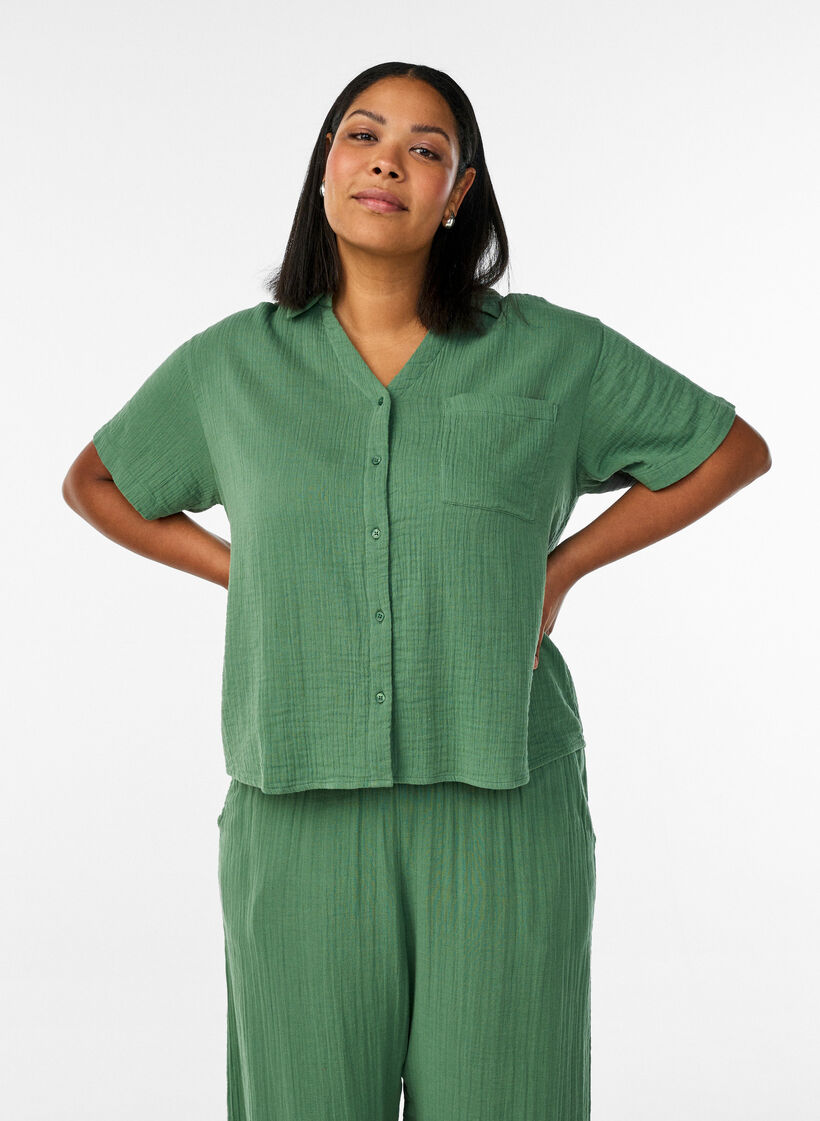 Blus i bomullsmuslin med korta &auml;rmar, Gr&ouml;n, Model image number 0