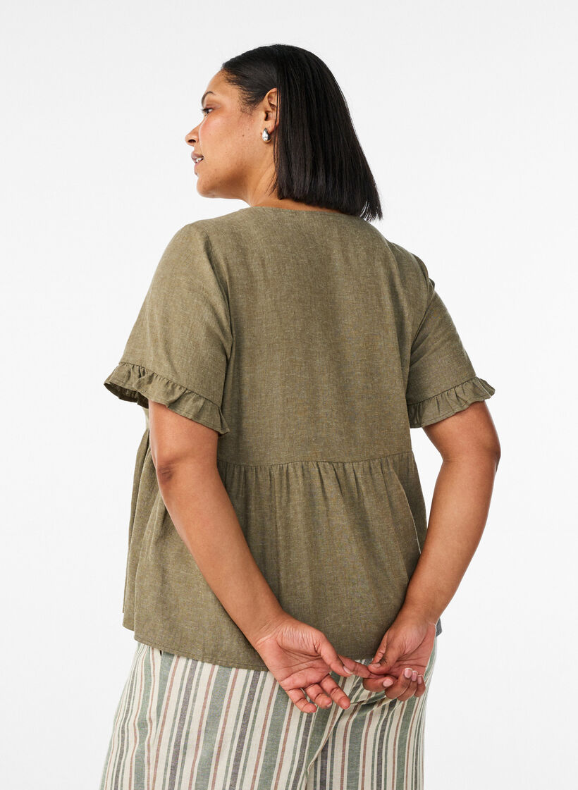 Blus i linne och viskos med v-ringning och kn&auml;ppning, Gr&ouml;n, Model image number 2