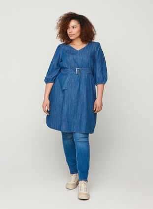 Jeansklänning med bälte och 3/4 ärmar, Blue denim, Model image number 2