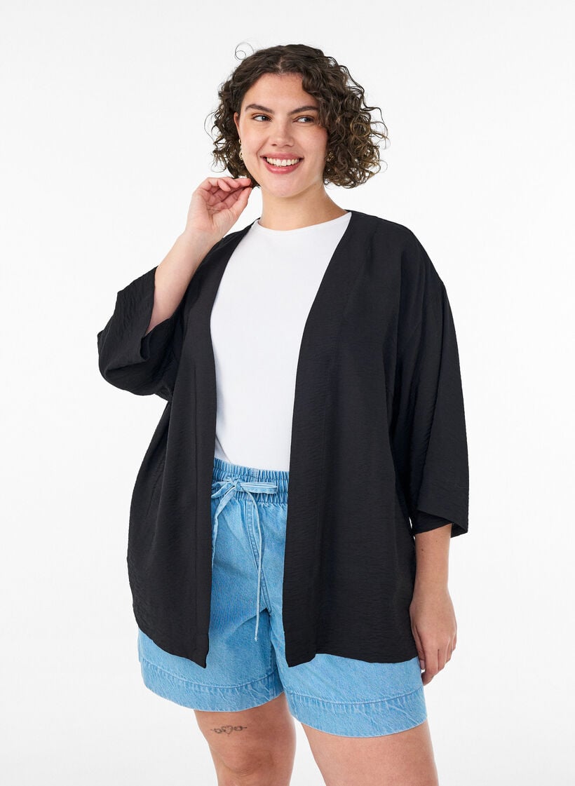 Kort kimono i viskos med 3/4-&auml;rmar, Svart, Model image number 0
