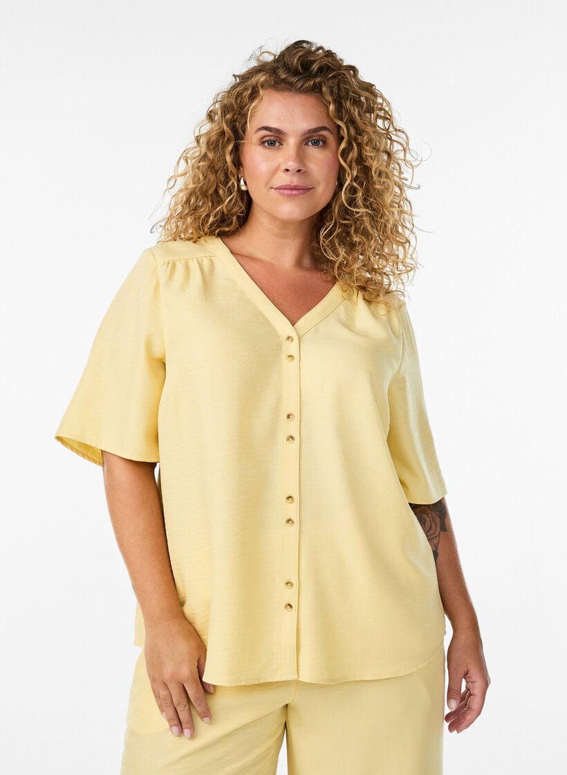 V-ringad skjortblus med korta &auml;rmar, Gul, Model image number 0