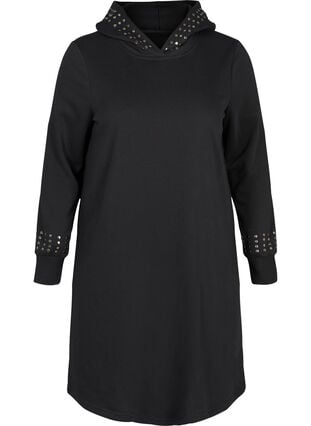 Lång sweatshirtsklänning med nitar, Black, Packshot image number 0