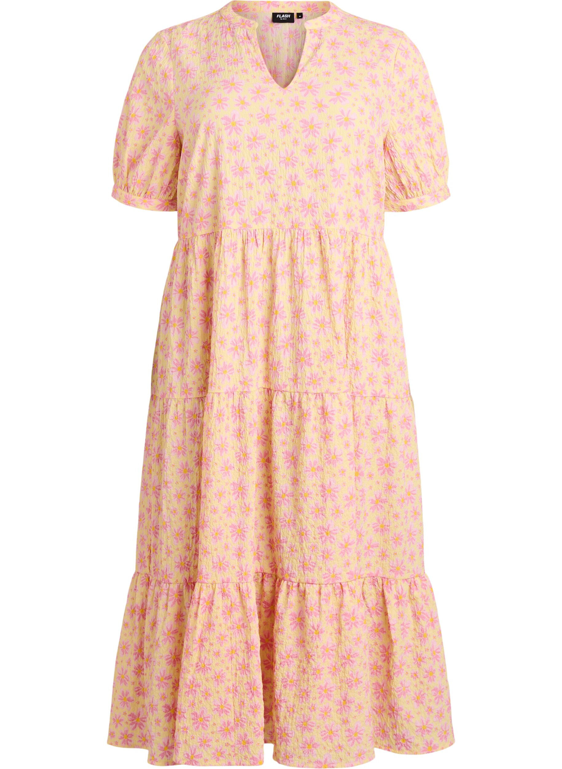 ZizziAnkell&aring;ng kl&auml;nning med korta &auml;rmar och volanger i etapper, Gul, Packshot image number 0