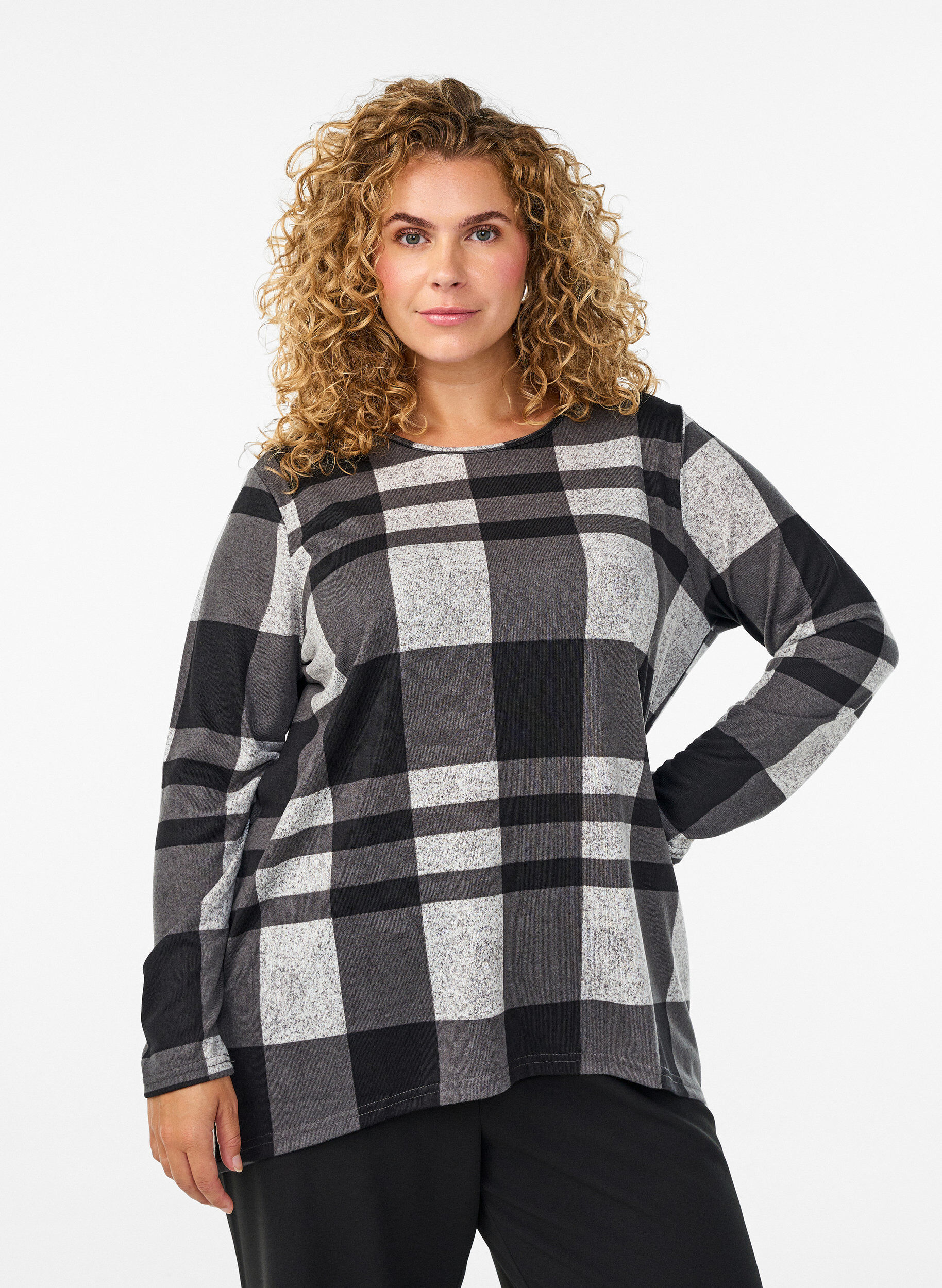 Zizzi M&ouml;nstrad blus med l&aring;nga &auml;rmar, Gr&aring;, Model image number 0