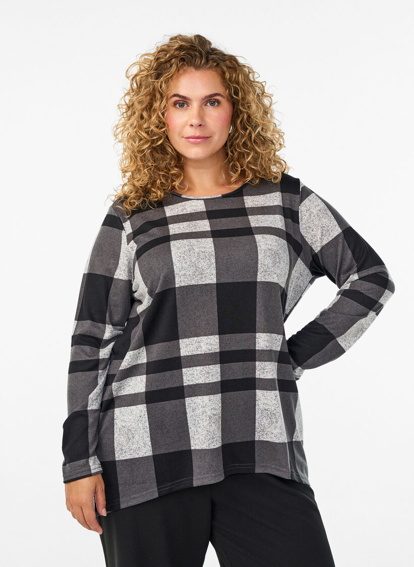 Mönstrad blus med långa ärmar, Grå, Model image number 0