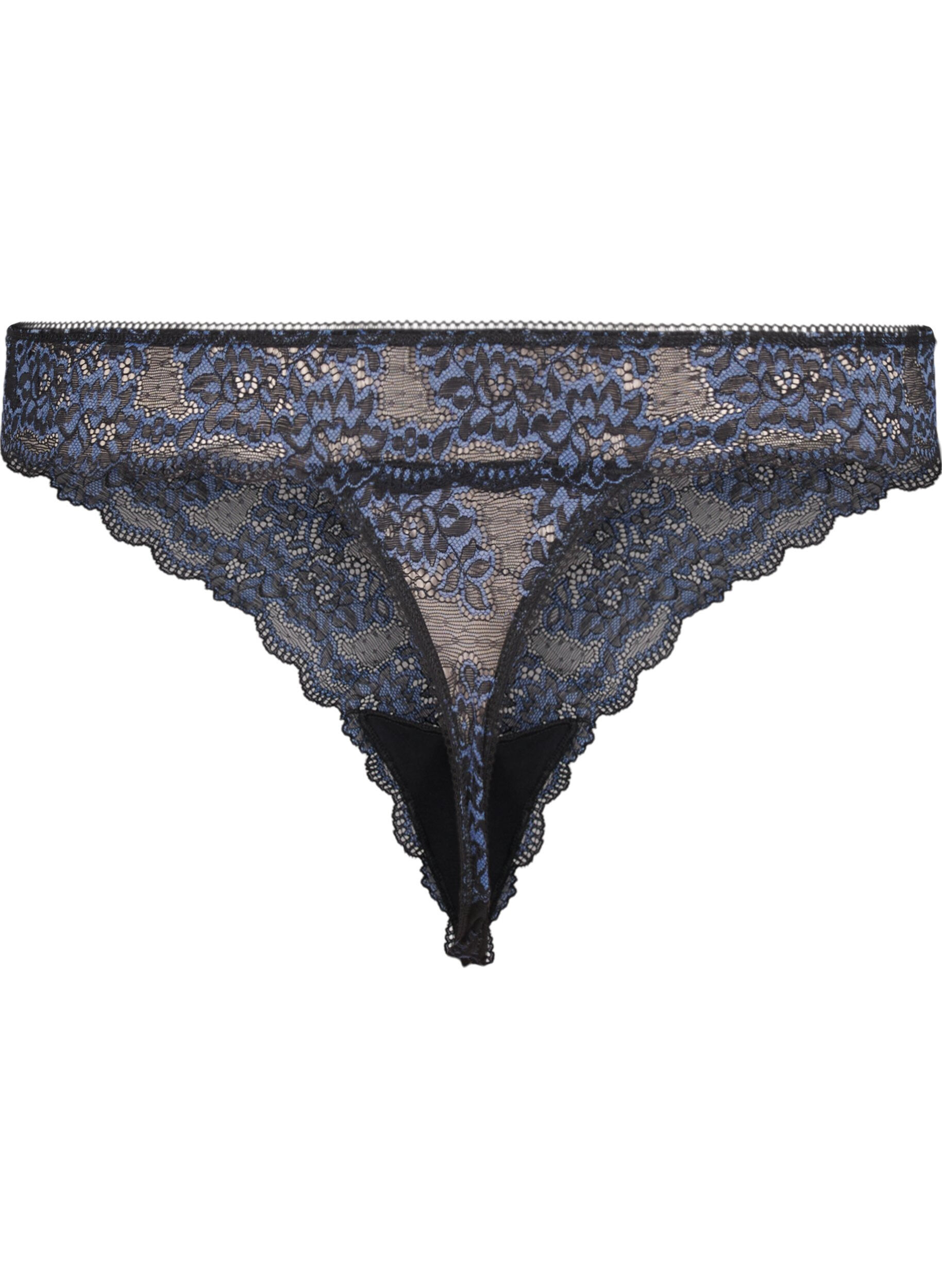 Zizzi G-string med kontrastf&auml;rgad spets, Black w Blue , Packshot image number 1