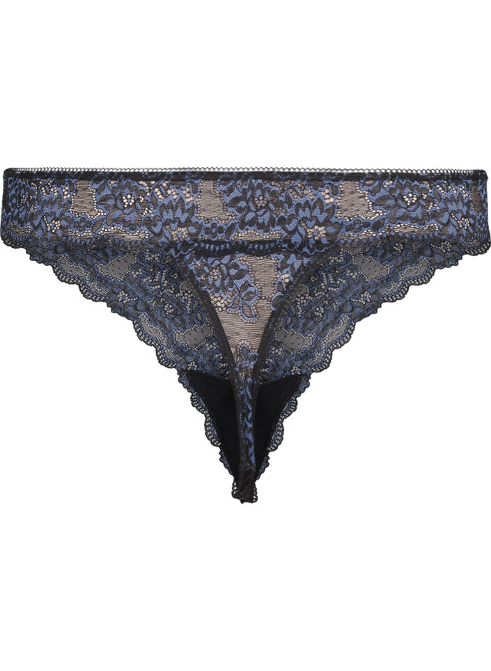 G-string med kontrastfärgad spets, Black w Blue , Packshot image number 1