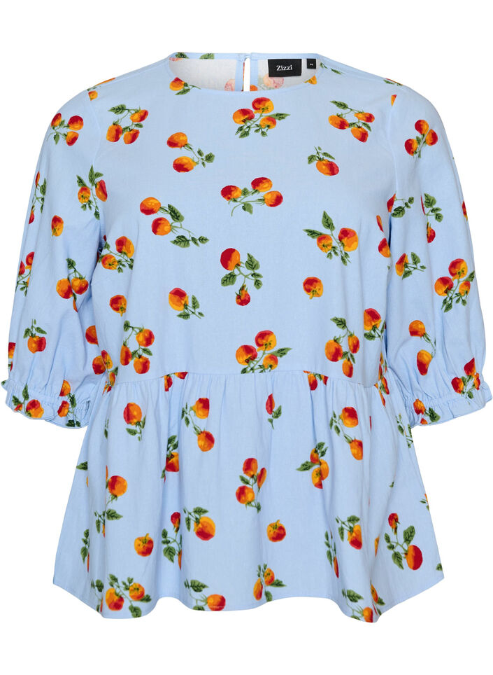 Blus i bomull med tomatm&ouml;nster och peplum, Bl&aring;, Packshot image number 0