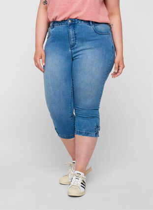 Trekvartsbyxor i jeans med rosett, Blue denim, Model image number 2