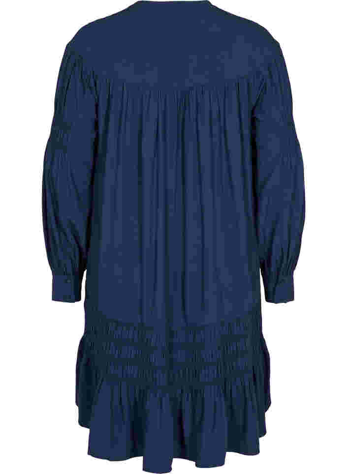 Långärmad viskosklänning med smockdetaljer, Navy Blazer, Packshot image number 1