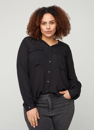 Viskosskjorta med bröstfickor, Black, Model image number 0