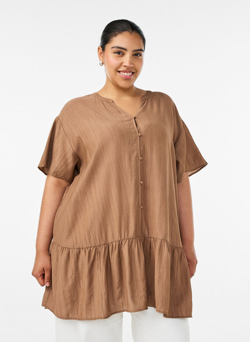 L&ouml;s tunika med krinklad textur och volangkant, Brun, Model image number 0