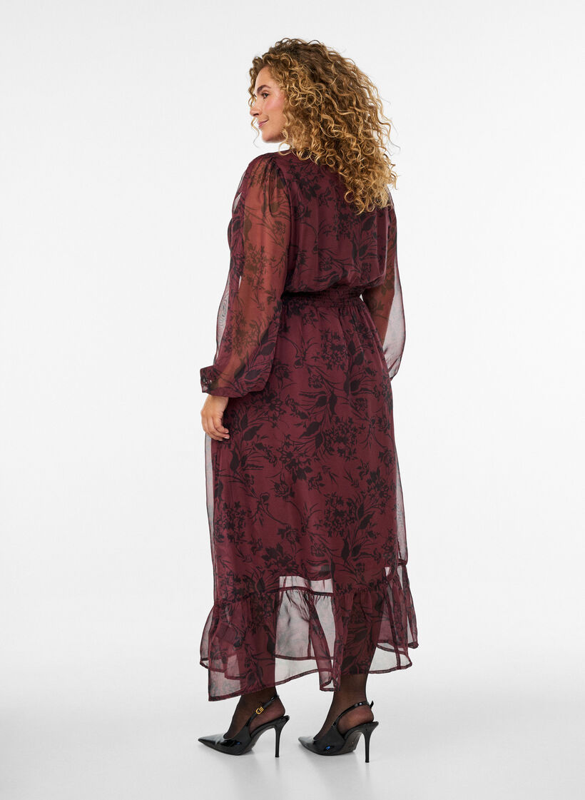 Maxikl&auml;nning med blommigt m&ouml;nster och smock, M&ouml;rk Bordeaux, Model image number 1