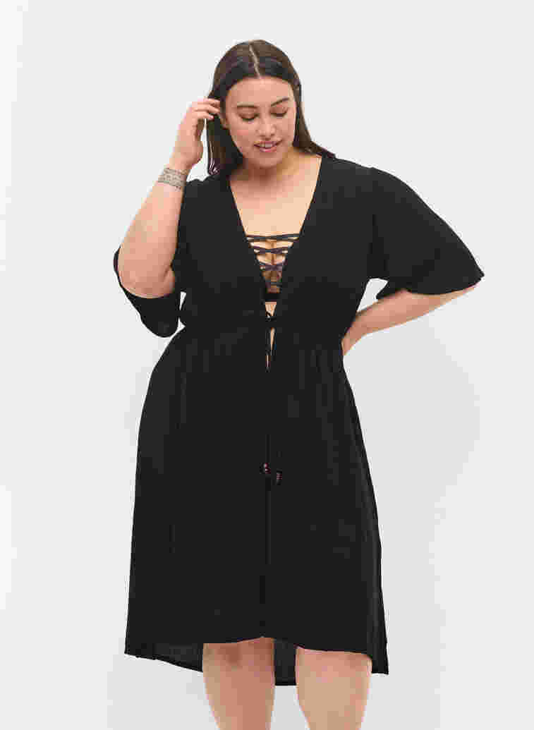 Strandklänning i viskos med dragsko i midjan, Black, Model image number 0