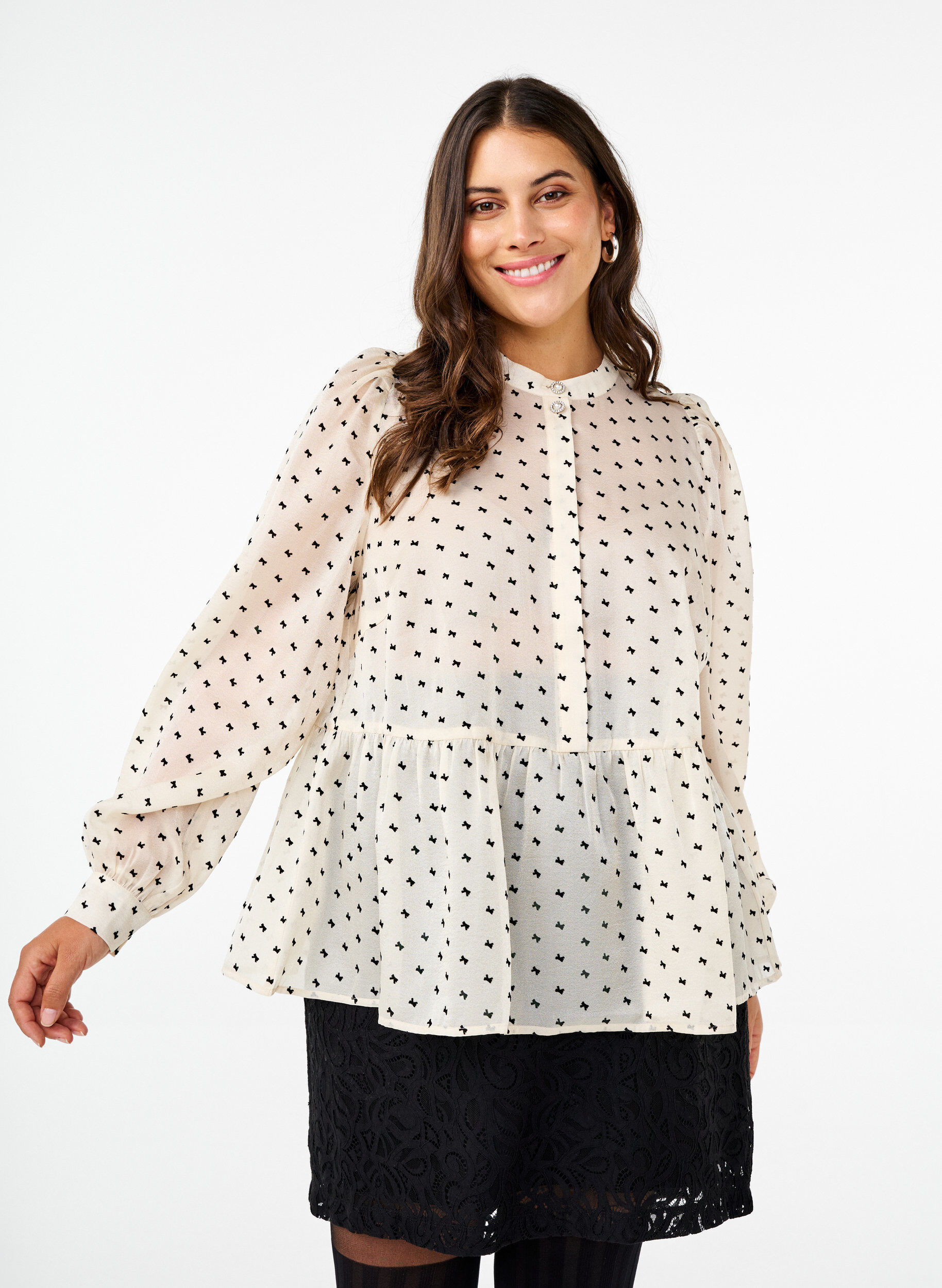 Zizzi Blus med peplum och rosetter, Ecru w Bow, Model image number 0