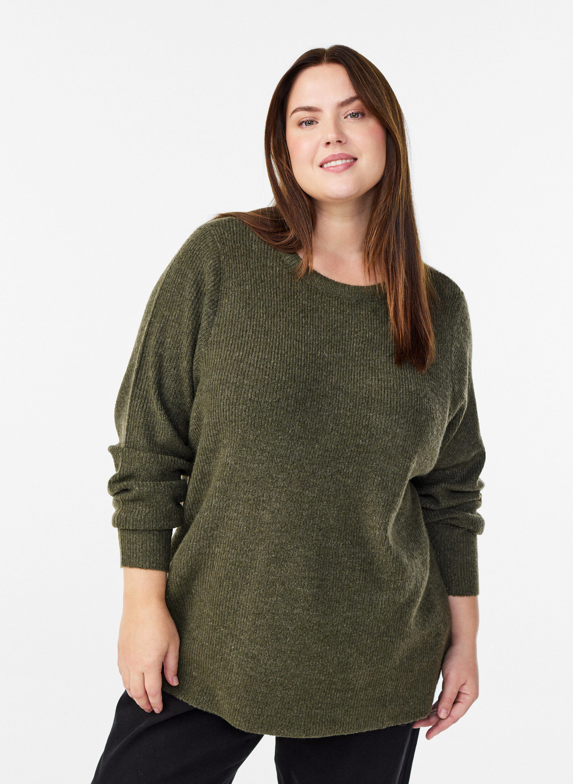 Melerad stickad blus med rund hals, Gr&ouml;n, Model