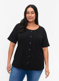 Ribbad t-shirt med knappar och korta ärmar, Black, Model
