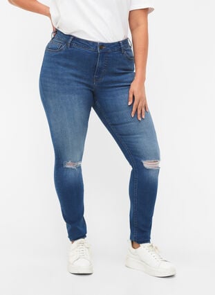 Extra slimmade Sanna jeans med förstörd stil, Blue denim, Model image number 2