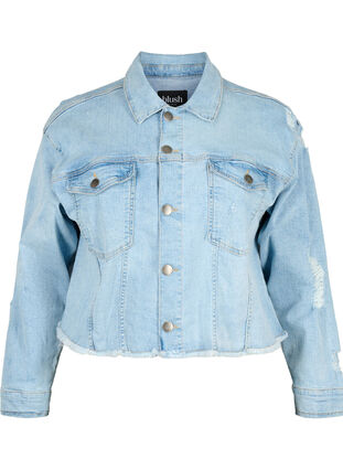 Kort jeansjacka med slitna detaljer, Light Blue Denim, Packshot image number 0