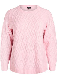 Stickad tröja med kabelmönster och rund hals, Rosa