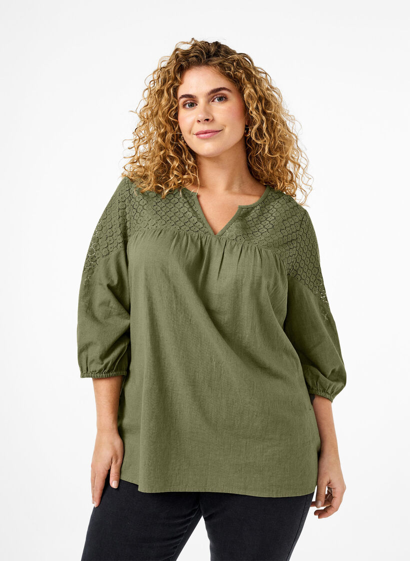 Blus i bomullsblandning med linne och virkade detaljer, Deep Lichen Green, Model image number 0