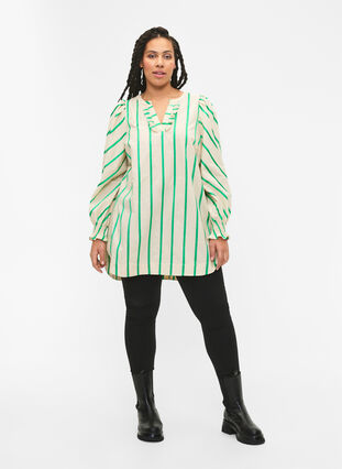 Randig tunika i bomull med smock och volanger, Beige Green Stripe, Model image number 2