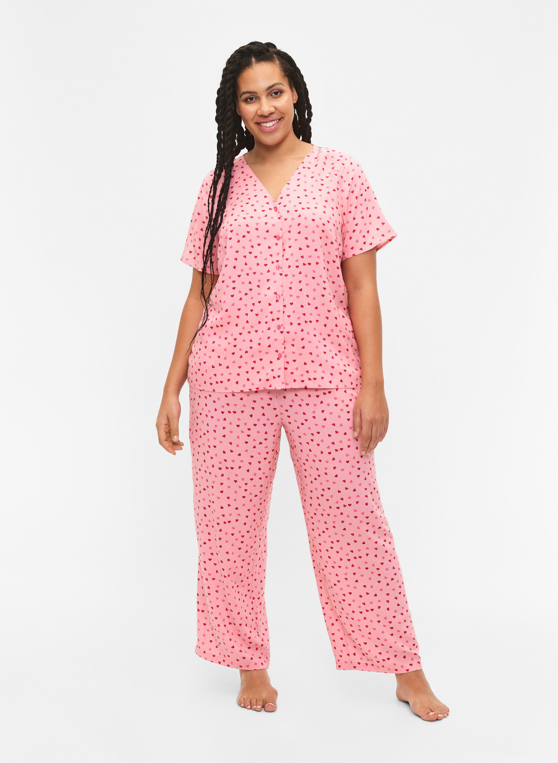 Zizzi M&ouml;nstrad pyjamastr&ouml;ja i viskos, Rosa, Model image number 1