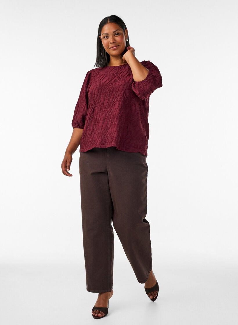 Blus med struktur och 3/4-&auml;rmar, R&ouml;d, Model image number 1