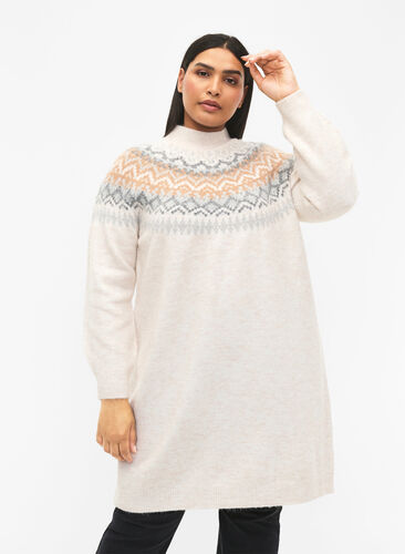 Långärmad stickad klänning med mönster, Birch Mel. Comb, Model image number 0