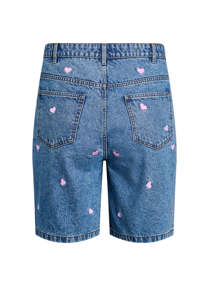 Jeansshorts med h&ouml;g midja och broderade hj&auml;rtan, Bl&aring;, Packshot image number 1