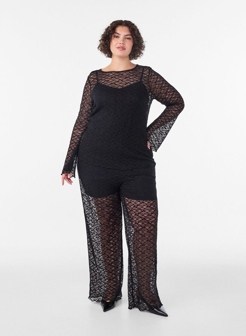 Blus i genomskinlig spets med l&aring;nga &auml;rmar, Svart, Model image number 1