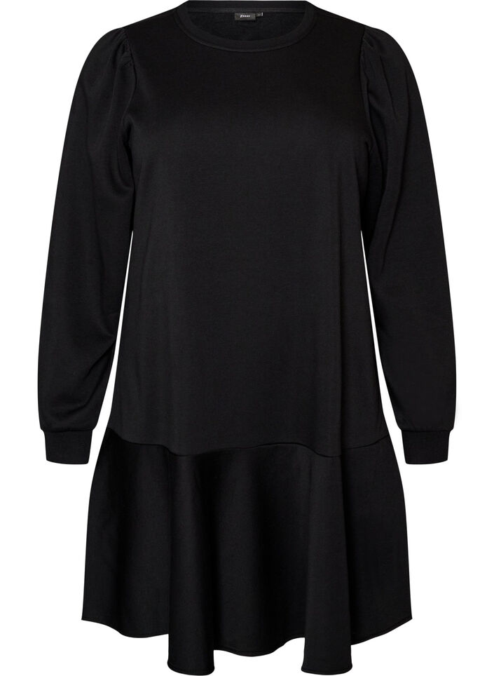 Sweatshirtkl&auml;nning i A-linje med volanglager, Svart, Packshot image number 0