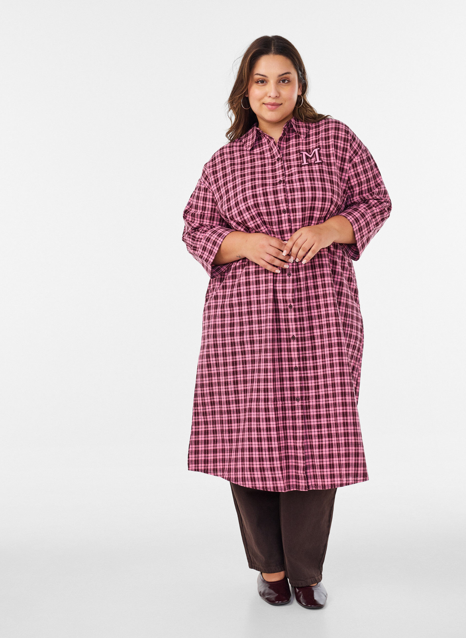 L&aring;ng rutig skjorta med 3/4-&auml;rmar, Rosa, Model