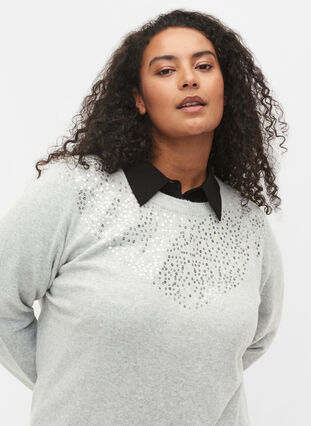 Melerad stickad tröja med paljetter, Light Grey Melange, Model image number 2