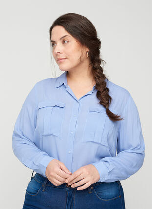 Viskosskjorta med bröstfickor, Blue Heron, Model image number 0