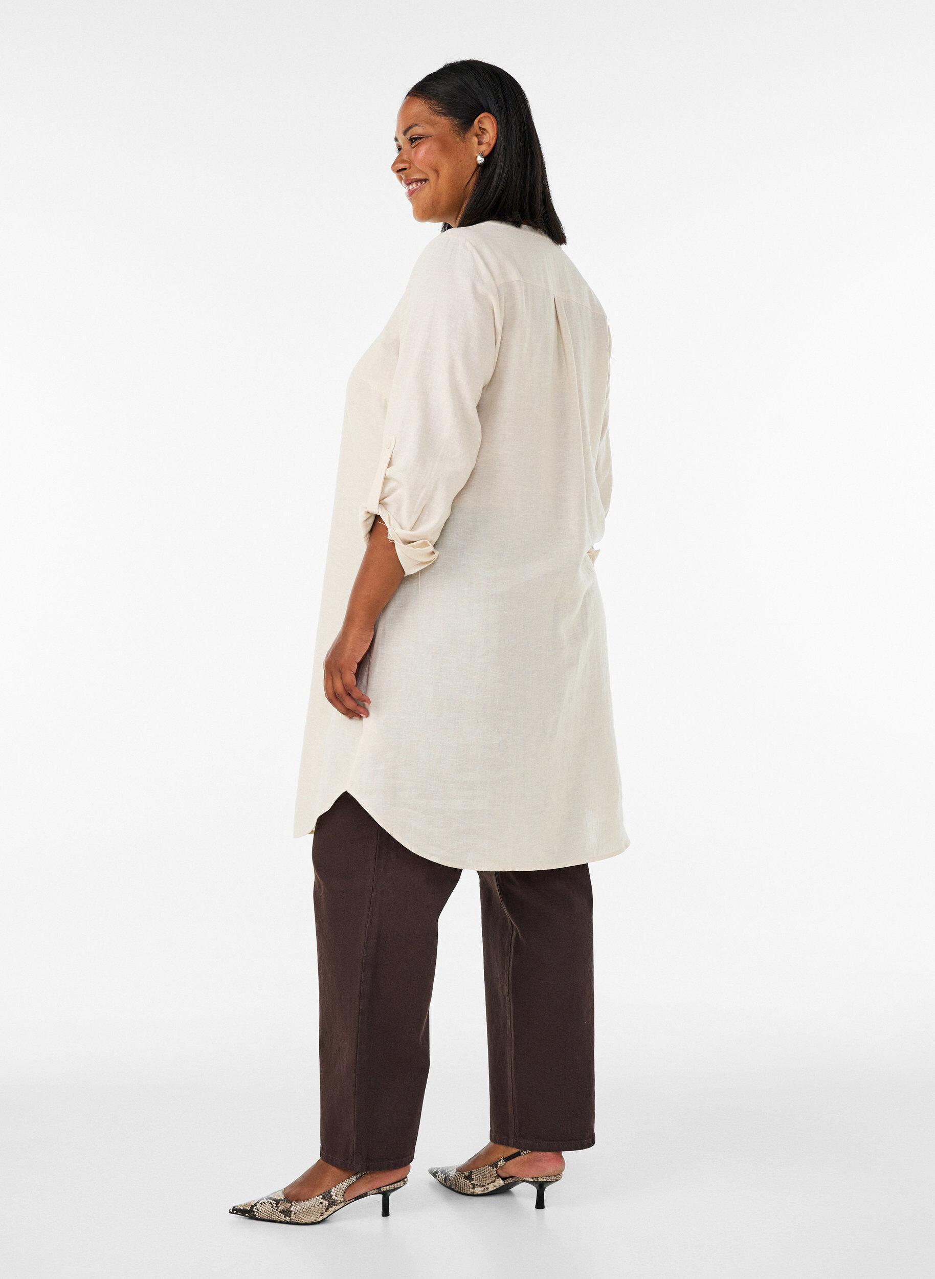 ZizziL&aring;ng skjorta i linne och viskos, Beige, Model image number 2