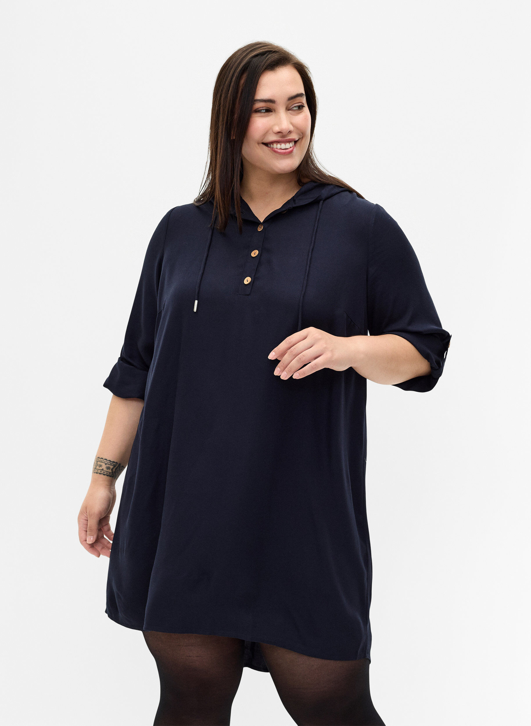 ZizziTunika i viskos med huva, Navy Blazer, Model image number 0